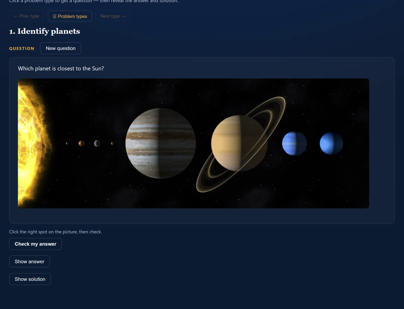 A picture question on the Xcelvations platform: which planet is closest to the Sun — click the right spot